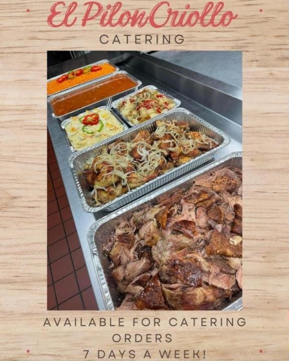 Full catering trays of roast pork, rice, potato salad and stewed meats lined up on the counter