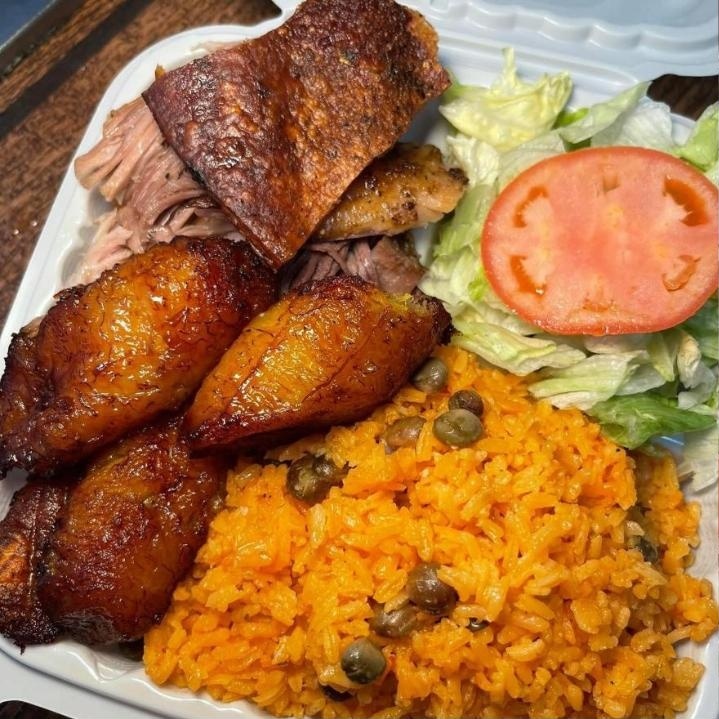 Criollo Bowl — roast pork with sweet plantains and yellow rice with pigeon peas